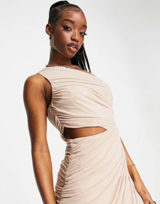 one shoulder cutout waist ruched dress One Shoulder Cut Out Ribbon Trim Ruched Maxi Dress, White / XS