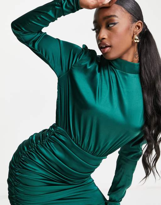 Rare London ruched satin mini dress with high neck in emerald green