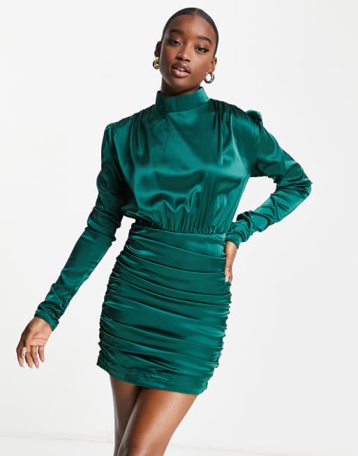 High neck ruched sales satin dress