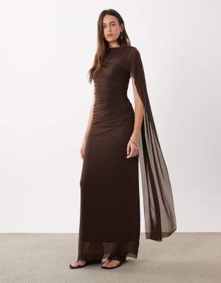 Rare London Ruched Shoulder Drape Maxi Dress In Brown