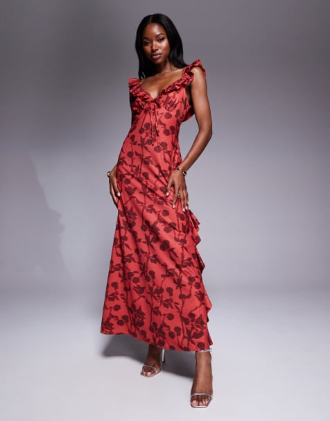 Rare London ruffle tie front side slit maxi dress in red floral - view 1