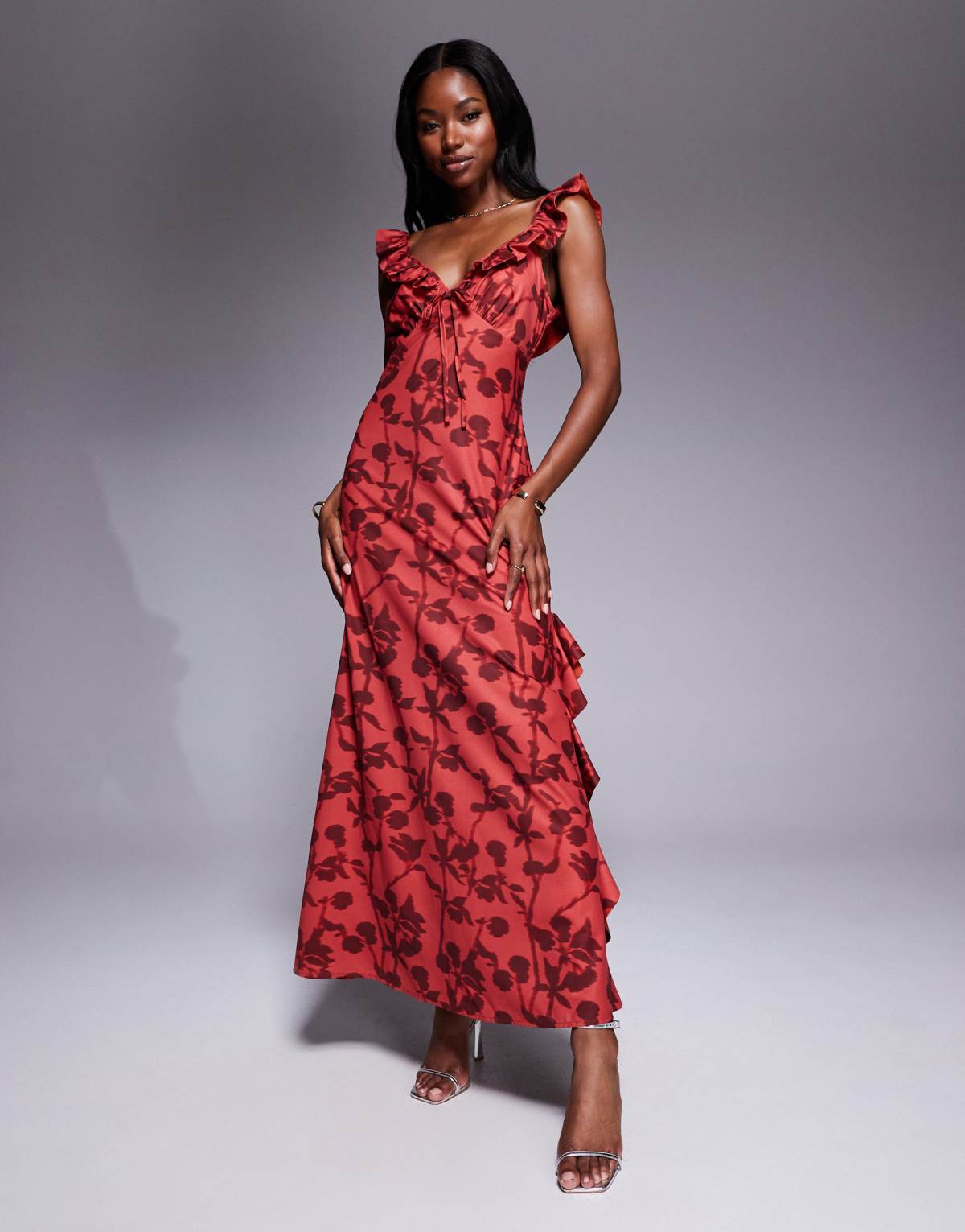Rare London ruffle tie front side slit maxi dress in red floral