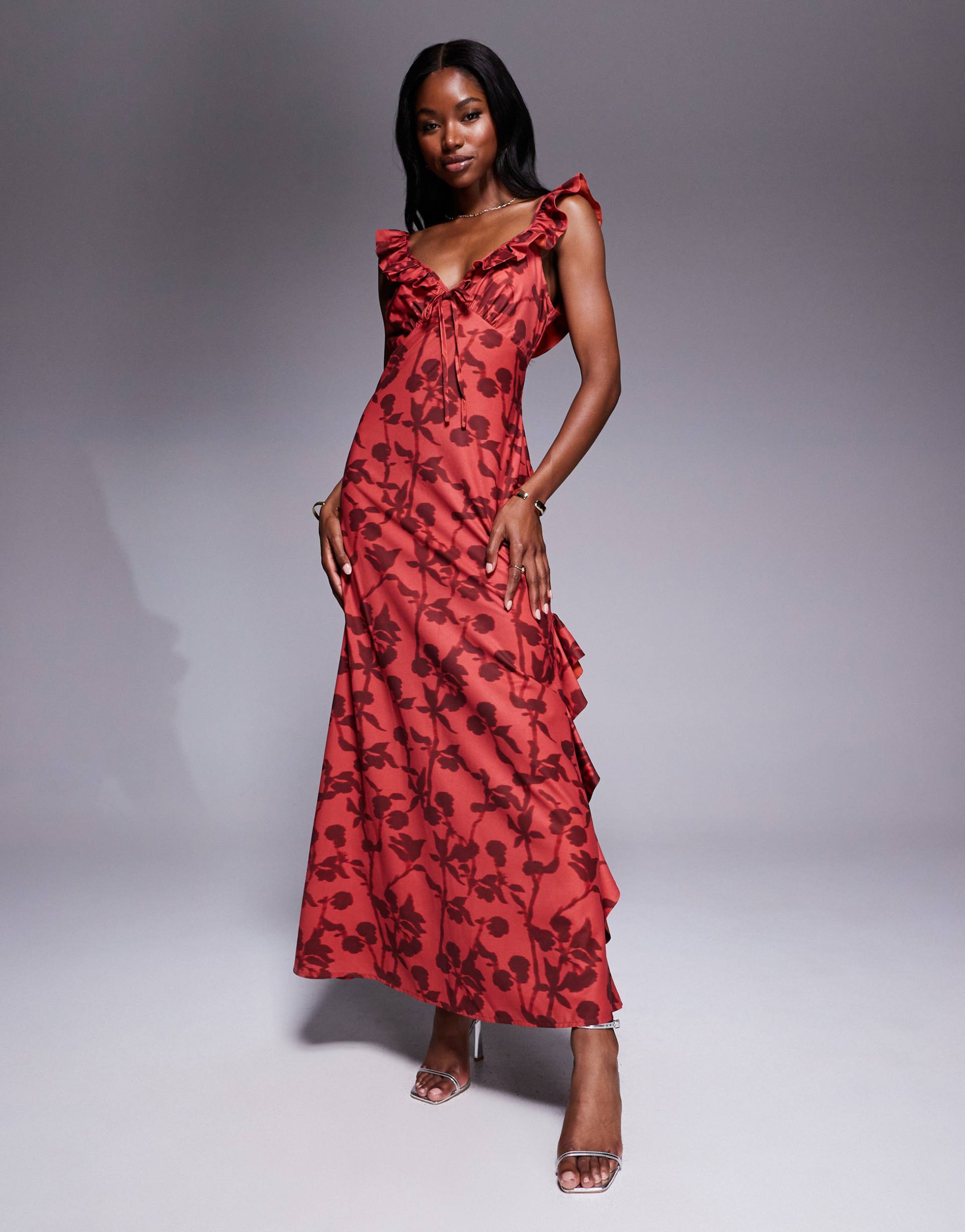 rare london ruffle tie front side slit maxi dress in red floral
