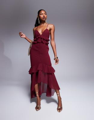 London ruffle trim high low hem cami maxi dress in dark red