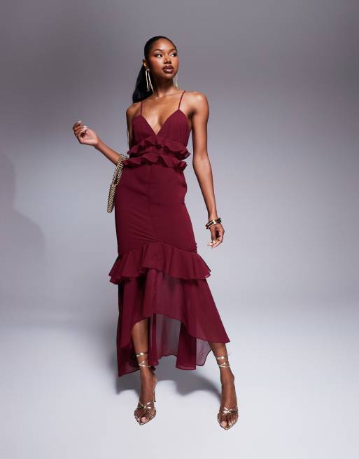 Rare London ruffle trim high low hem cami maxi dress in dark red ASOS