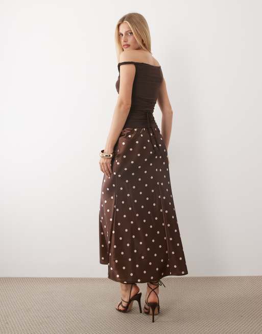 Rare London - Satijnen maxi rok met stippen in chocoladebruin en roze, 5 van 5