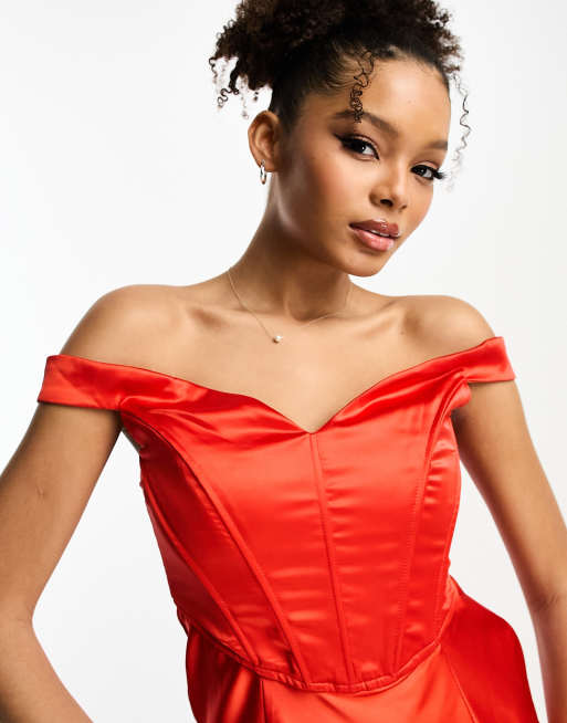 Rare London satin bardot corset detail midi dress in red