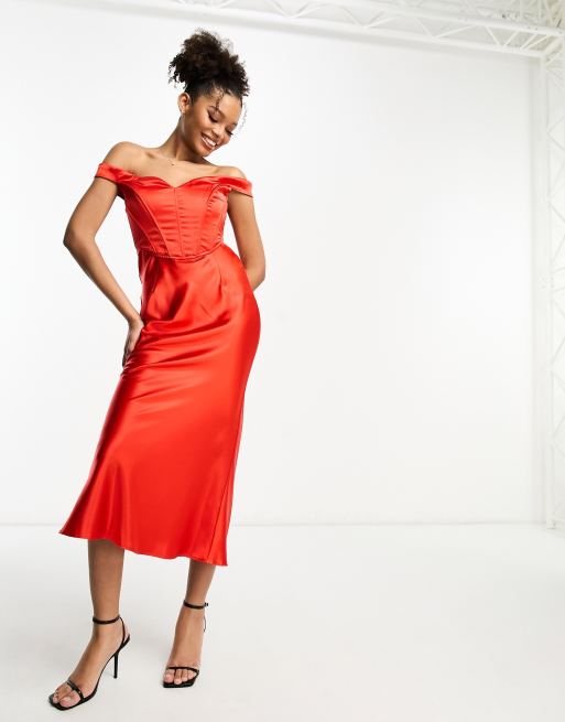 Red Bardot Frill Sleeve Draped Midi Dress