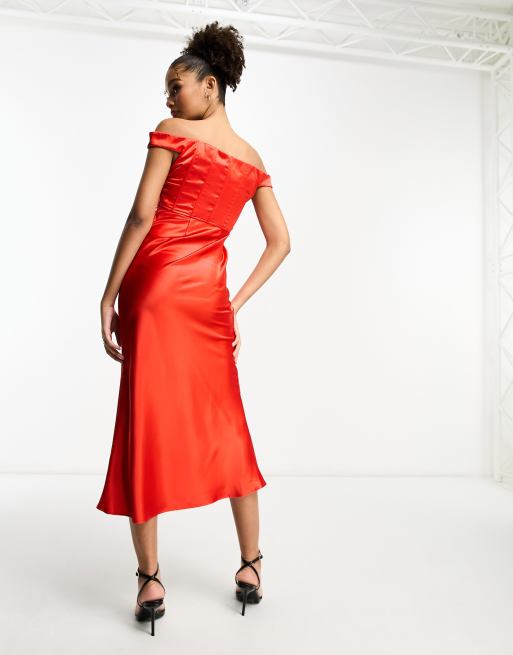 Rare London satin bardot corset detail midi dress in red