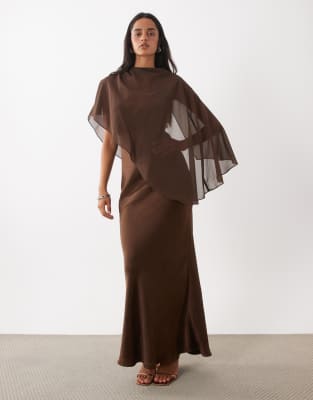 Rare London Satin Cape Detail Maxi Dress In Brown
