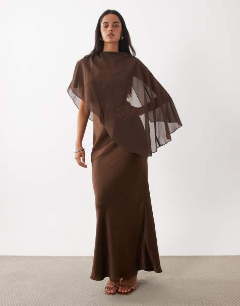 Rare London satin cape detail maxi dress in brown