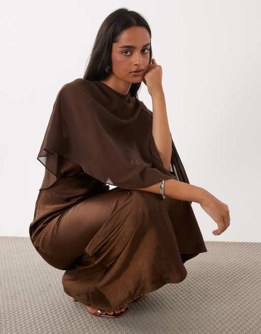 Rare London satin cape detail maxi dress in brown, 2 of 4