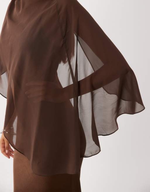 Rare London satin cape detail maxi dress in brown, 3 of 4