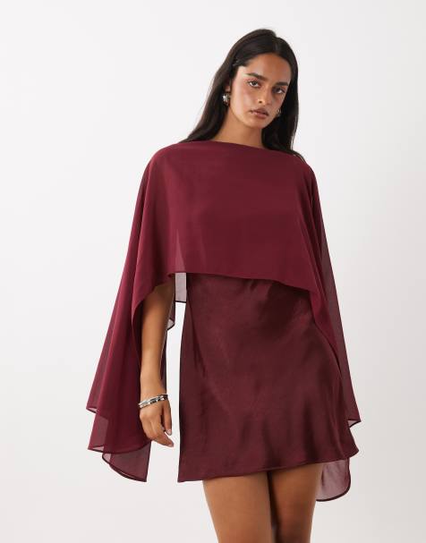 Rare London satin cape detail mini dress in wine