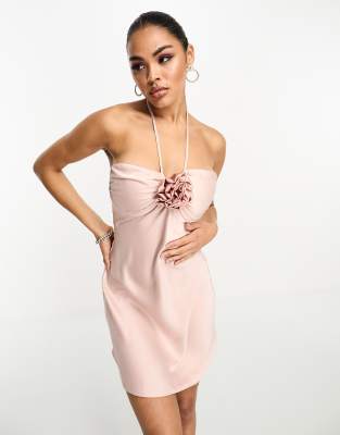 Rare Rare London satin corsage detail halterneck mini dress in pink