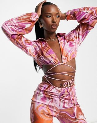 Rare London satin cropped shirt co ord in pink swirl print