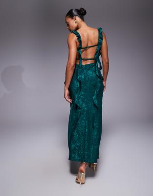 Rare London Satin Jacquard Lace Bust Detail Ruffle Detail Maxi Dress In Green