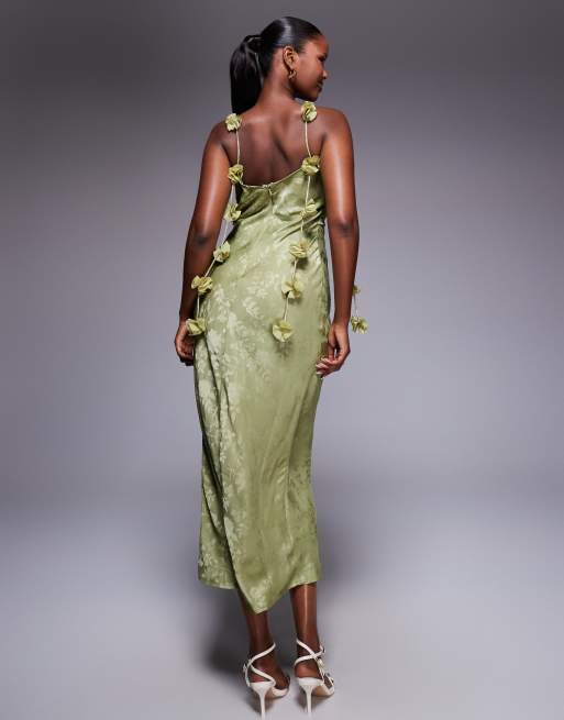 Rare London satin jacquard lace bust petal strap detail maxi dress in olive