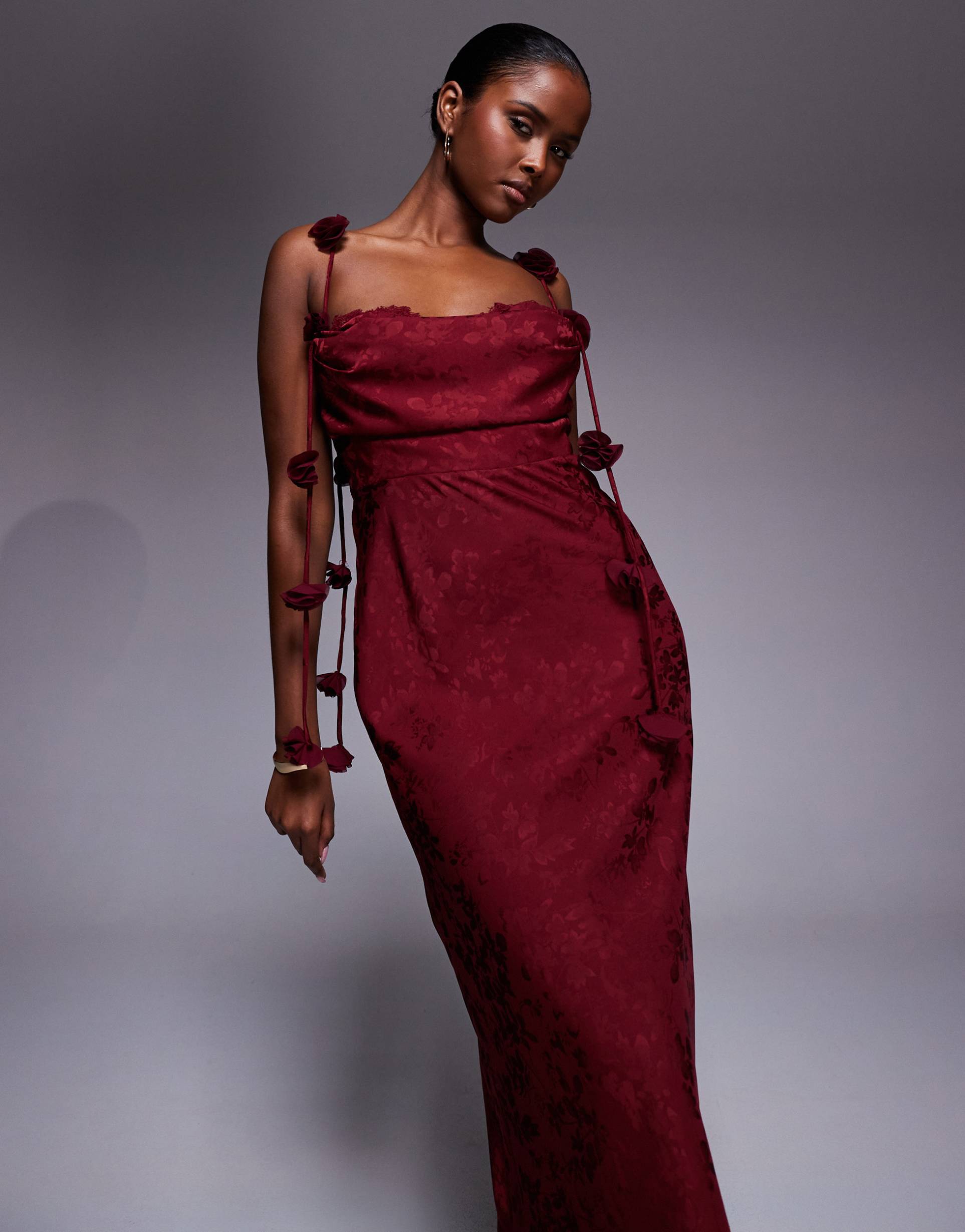 rare london satin jacquard lace bust petal strap detailing maxi dress in burgundy