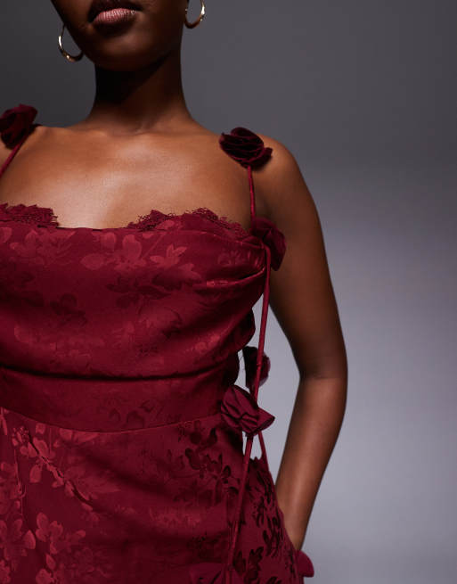 Rare London satin jacquard lace bust petal strap detailing maxi dress in burgundy