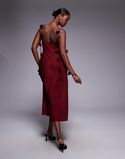 Rare London satin jacquard lace bust petal strap detailing maxi dress in burgundy