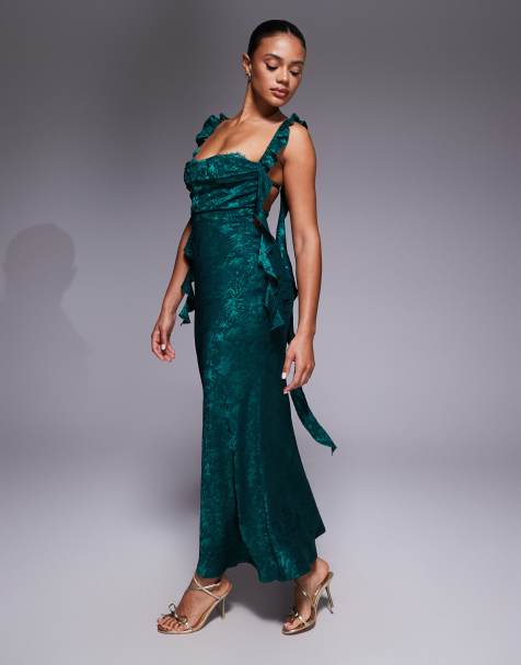 Rare London satin jacquard lace bust ruffle detail maxi dress in emerald - view 1