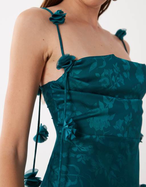 Rare London satin jacquard maxiklänning med blomsterbandsdetalj i teal, 4 av 4