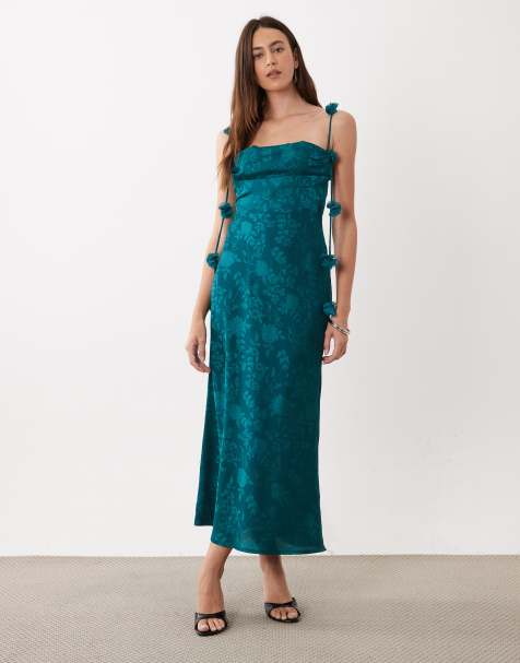 Rare London satin jacquard petal strap detail maxi dress in teal - view 1