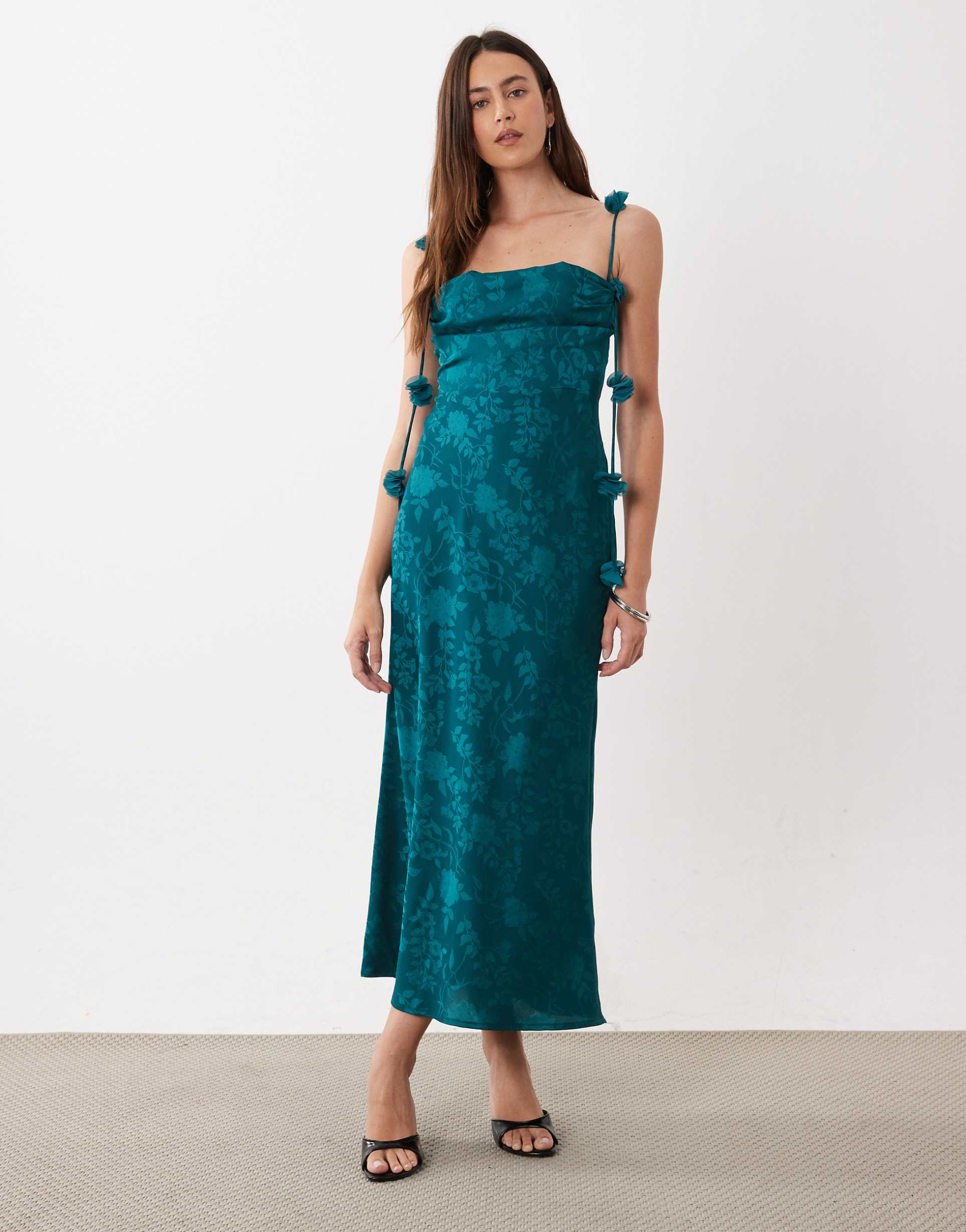 rare london satin jacquard petal strap detail maxi dress in teal