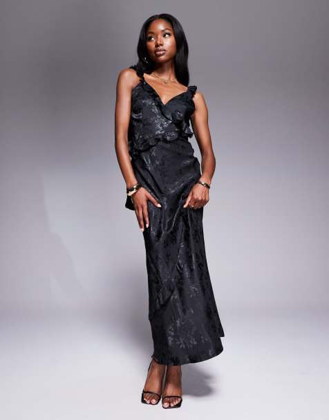 Rare London satin jacquard ruffle trim drape detail maxi dress in black - view 1