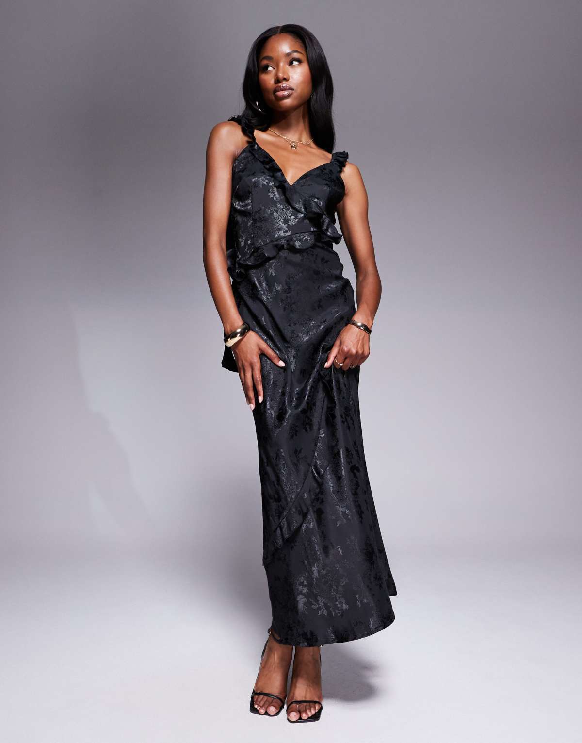 Rare London satin jacquard ruffle trim drape detail maxi dress in black