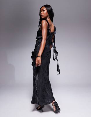 Rare London Satin Jacquard Ruffle Trim Drape Detail Maxi Dress In Black