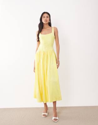 Rare London Satin Jacquard Structured Scoop Back Midaxi Dress In Yellow