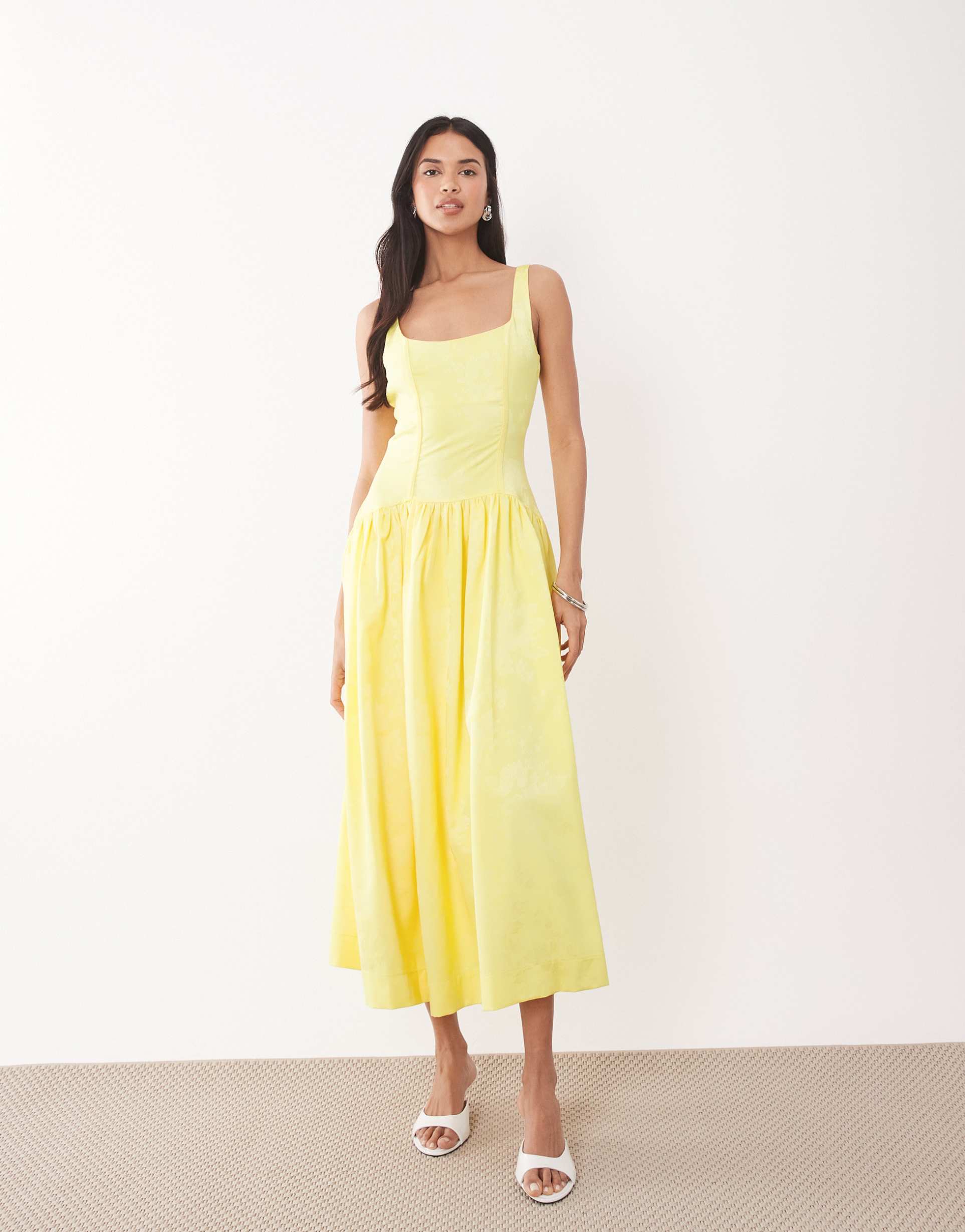 rare london satin jacquard structured scoop back midaxi dress in lemon yellow