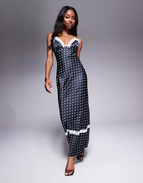 Rare London satin lace trim maxi dress in black & white polka dot - view 1