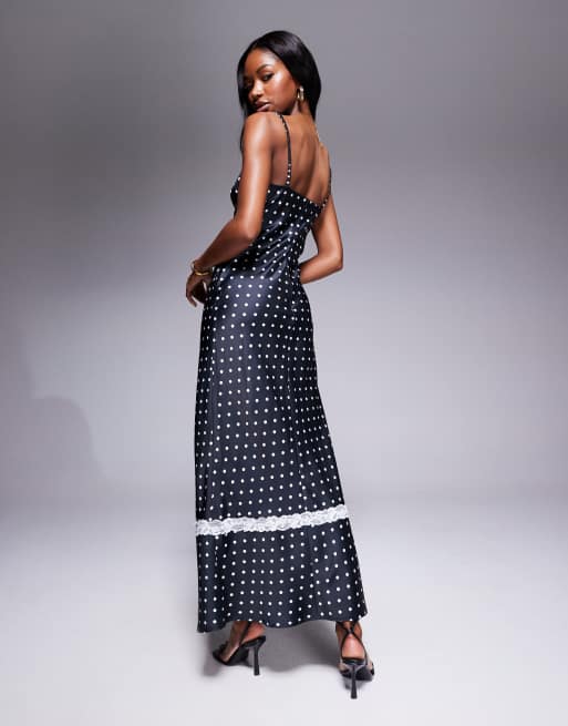 Rare London satin lace trim maxi dress in black & white polka dot