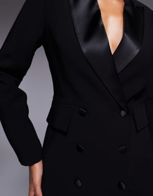 Rare London Satin Lapel Double Breasted Blazer Mini Dress In Black