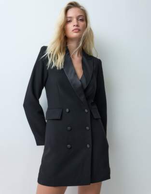 Rare London Satin Lapel Double Breasted Blazer Mini Dress In Black