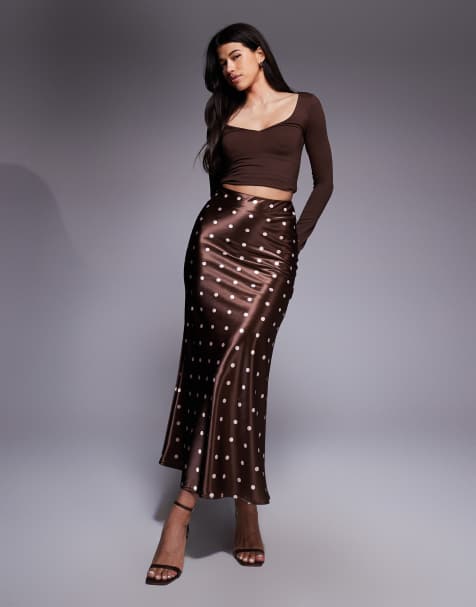 Rare London satin maxi skirt in chocolate & pink polka dot - view 1