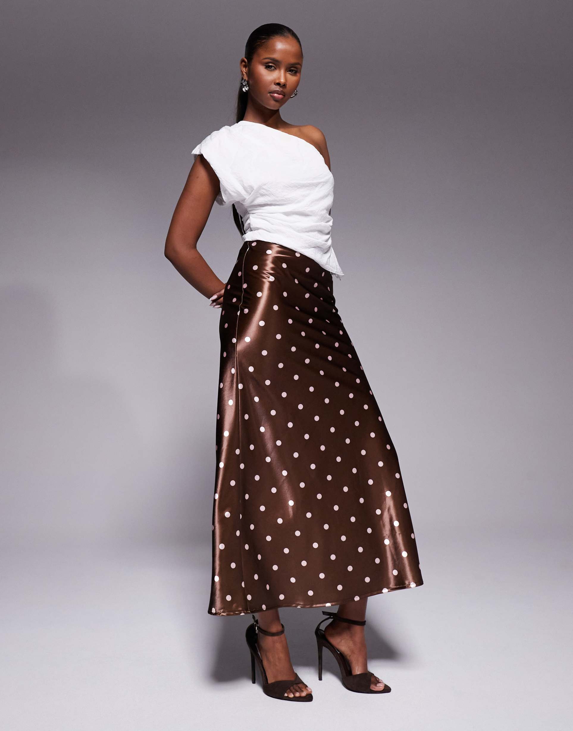 rare london satin maxi skirt in chocolate & pink polka dot