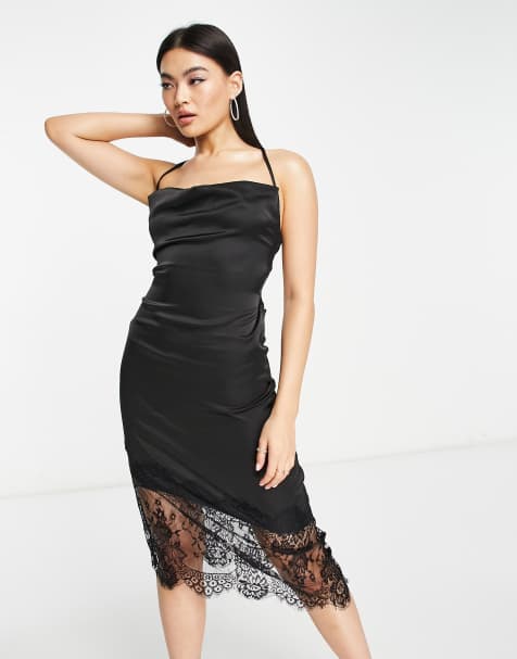 Rare London satin midi dress with lace trim in black 