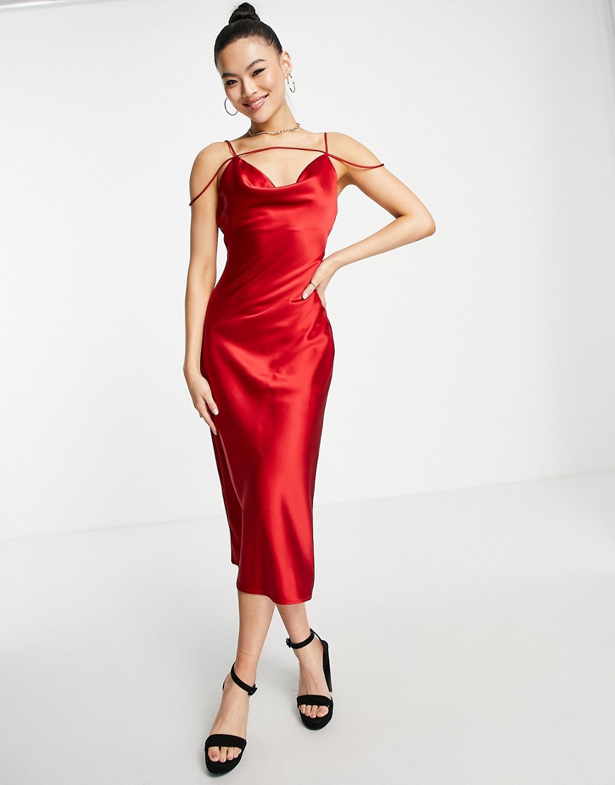 Rare London satin midi dress with strap details in red