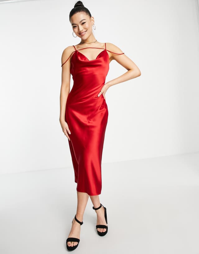 Rare - london satin midi dress with strap details in red