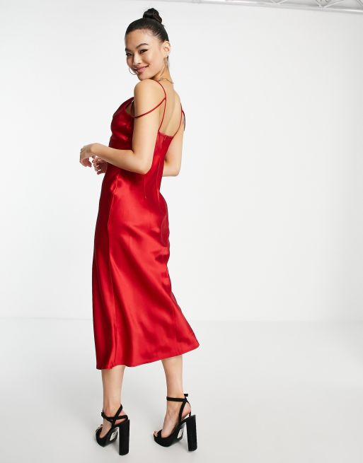 Rare London satin midi dress with strap details in red, 2 of 4
