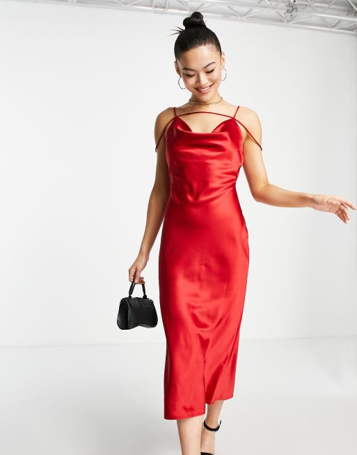 Rare London satin midi dress with strap details in red, 4 of 4