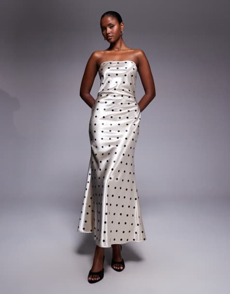 Rare London satin polka dot bandeau maxi dress in cream and black - view 1