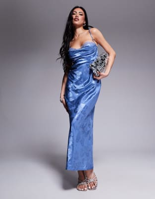 London satin ruched bust open strappy back maxi dress in blue butterfly print