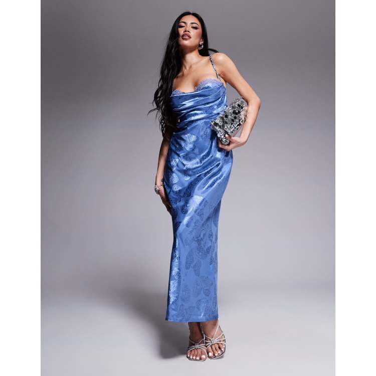 Rare London satin ruched bust open strappy back maxi dress in blue butterfly  print | ASOS