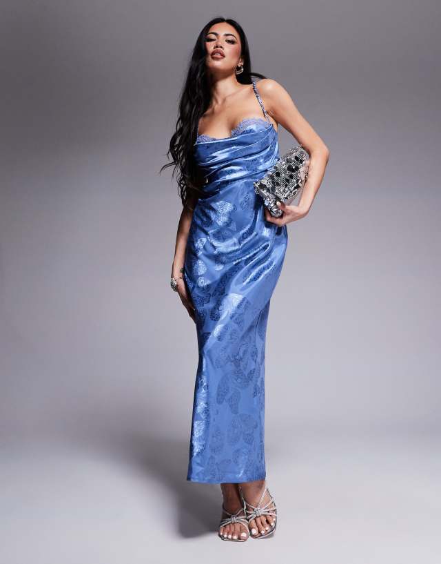 blue butterfly print dress Rare London satin ruched bust open strappy back maxi in Cup size:A Crafted from a premium Formerly30%Off Amber Heard Gold &