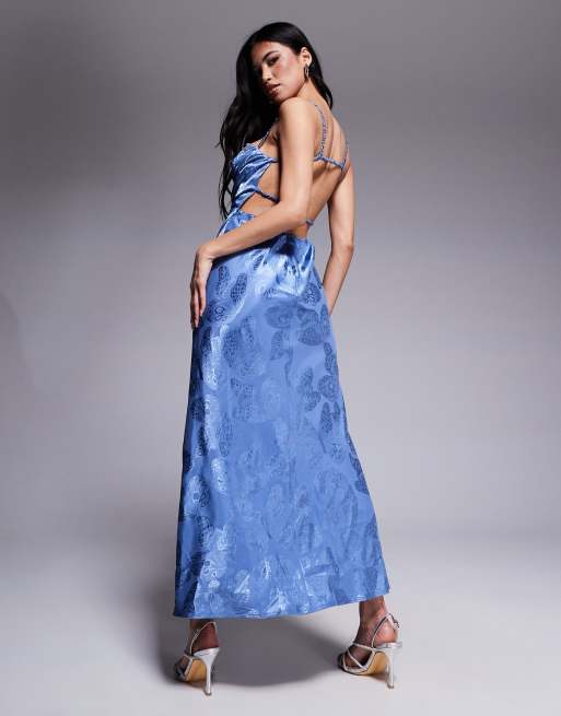 Rare London satin ruched bust open strappy back maxi dress in blue